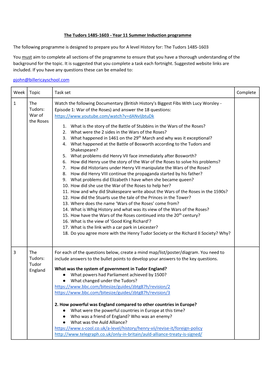 The Tudors 1485-1603 - Year 11 Summer Induction Programme