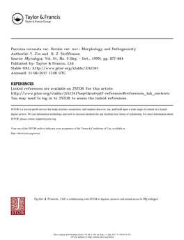 Puccinia Coronata Var. Hordei Var. Nov.: Morphology and Pathogenicity Author(S): Y