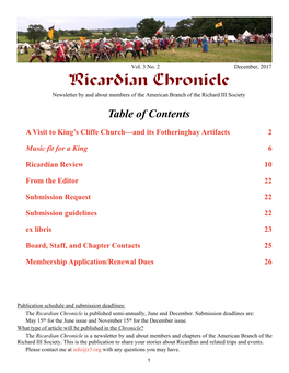 Ricardian Chronicle Newsletter by and About Members of the American Branch of the Richard III Society Table of Contents