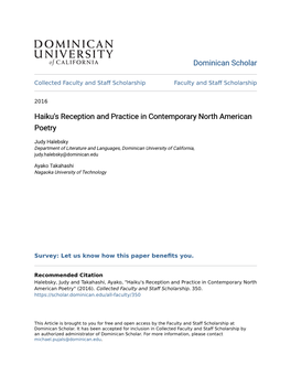 Haiku's Reception and Practice in Contemporary North American Poetry