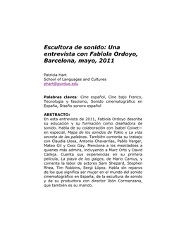 Escultora De Sonido: Una Entrevista Con Fabiola Ordoyo, Barcelona, Mayo, 2011