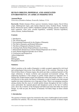 Human Origins, Dispersal and Associated Environments: an African Perspective - Amanuel Beyin