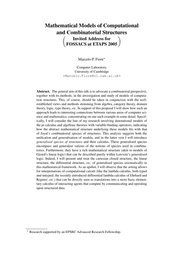 Mathematical Models of Computational and Combinatorial Structures Invited Address for FOSSACS at ETAPS 2005  