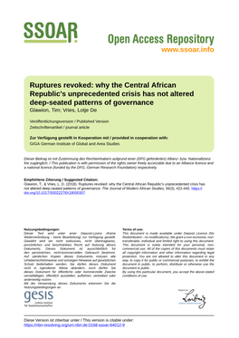 Ruptures Revoked: Why the Central African Republic's Unprecedented Crisis Has Not Altered Deep-Seated Patterns of Governance Glawion, Tim; Vries, Lotje De