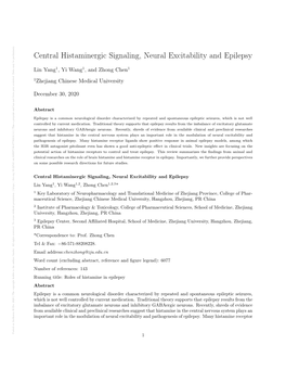 Central Histaminergic Signaling, Neural Excitability and Epilepsy