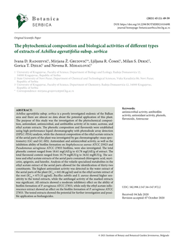 The Phytochemical Composition and Biological Activities of Different Types of Extracts of Achillea Ageratifolia Subsp