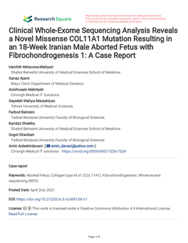 Clinical Whole-Exome Sequencing Analysis Reveals a Novel Missense COL11A1 Mutation Resulting in an 18-Week Iranian Male Aborted