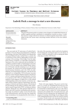 Ludwik Fleck: a Message to Start a New Discourse Ewa Solska
