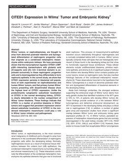 CITED1 Expression in Wilms' Tumor and Embryonic Kidney