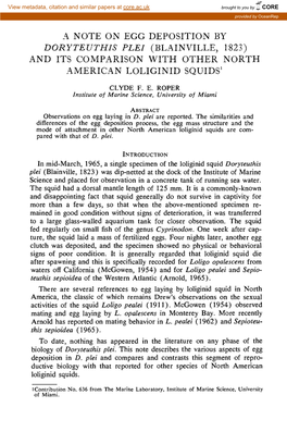 A Note on Egg Deposition by Doryteuthis Plei (Blainville, 1823) and Its Comparison with Other North American Loliginid Squids!