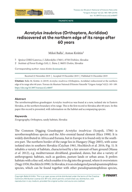 Acrotylus Insubricus (Orthoptera, Acrididae) Rediscovered at the Northern Edge of Its Range After 60 Years