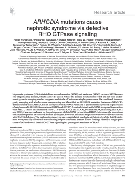 ARHGDIA Mutations Cause Nephrotic Syndrome Via Defective RHO Gtpase Signaling Heon Yung Gee,1 Pawaree Saisawat,2 Shazia Ashraf,1 Toby W