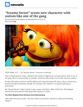 "Sesame Street" Treats New Character with Autism Like One of the Gang by Associated Press, Adapted by Newsela Staff on 03.22.17 Word Count 654