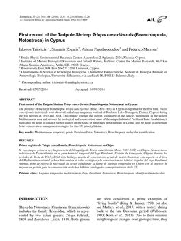 First Record of the Tadpole Shrimp Triops Cancriformis (Branchiopoda, Notostraca) in Cyprus