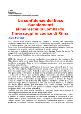 Le Confidenze Del Boss Badalamenti Al Maresciallo Lombardo. I Messaggi in Codice Di Riina