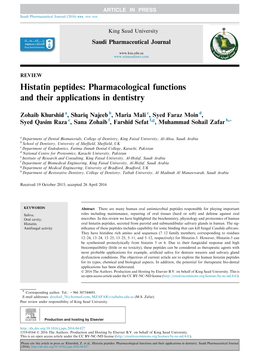 Histatin Peptides: Pharmacological Functions and Their Applications in Dentistry