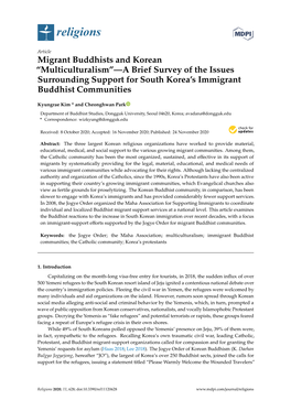 Migrant Buddhists and Korean “Multiculturalism”—A Brief Survey of the Issues Surrounding Support for South Korea’S Immigrant Buddhist Communities