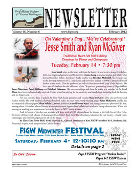 Jesse Smith and Ryan Mcgiver Traditional, Heart-Felt Irish Fiddling Drawings for Dinner and Champagne Tuesday, February 14 • 7:30 Pm