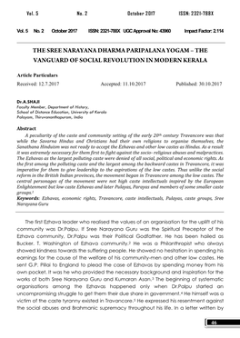 The Sree Narayana Dharma Paripalana Yogam – the Vanguard of Social Revolution in Modern Kerala