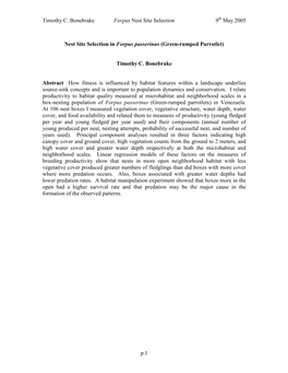Timothy C. Bonebrake Forpus Nest Site Selection 9 May 2005 P.1 Nest