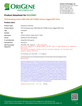 TATA Binding Protein (TBP) (NM 001172085) Human Tagged ORF Clone Product Data