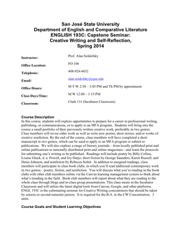 San José State University Department of English and Comparative Literature ENGLISH 193C: Capstone Seminar: Creative Writing and Self-Reflection, Spring 2014