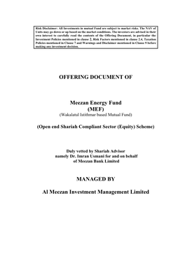 OFFERING DOCUMENT of Meezan Energy Fund