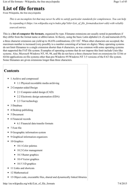 List of File Formats - Wikipedia, the Free Encyclopedia Page 1 of 45 List of File Formats from Wikipedia, the Free Encyclopedia