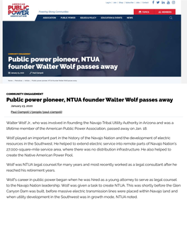 Public Power Pioneer, NTUA Founder Walter Wolf Passes Away January 23, 2020