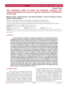 The Combined Action of Mast Cell Chymase, Tryptase and Carboxypeptidase A3 Protects Against Melanoma Colonization of the Lung