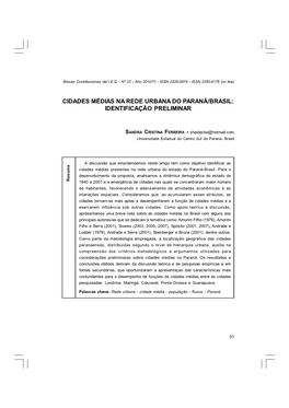 Cidades Médias Na Rede Urbana Do Paraná/Brasil: Identificação Preliminar