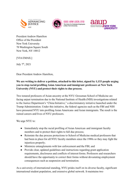 President Andrew Hamilton Office of the President New York University 70 Washington Square South New York, NY 10012