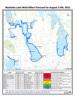 Manitoba Lake Wind Effect Forecast for August 2 AM, 2021 Ü