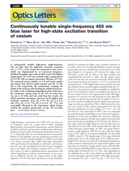 Continuously Tunable Single-Frequency 455 Nm Blue Laser for High-State Excitation Transition of Cesium