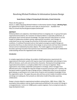 Resolving Wicked Problems in Information Systems Design