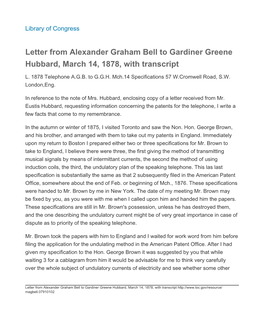 Letter from Alexander Graham Bell to Gardiner Greene Hubbard, March 14, 1878, with Transcript