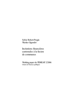 Incitations Financières Cantonales À La Fusion De Communes