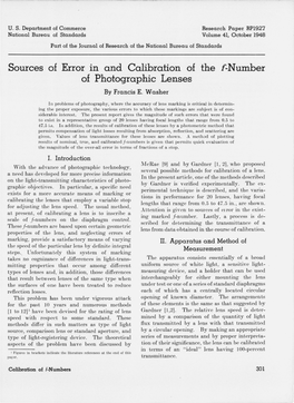 Sources of Error in and Calibration of the F-Number of Photographic Lenses by Francis E