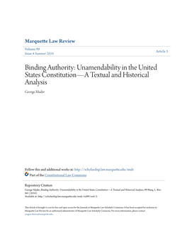 Binding Authority: Unamendability in the United States Constitution—A Textual and Historical Analysis George Mader