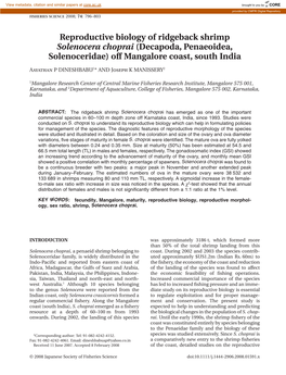 Reproductive Biology of Ridgeback Shrimp Solenocera Choprai (Decapoda, Penaeoidea, Solenoceridae) Off Mangalore Coast, South India