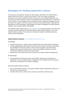 Strategies for Finding Systematic Reviews