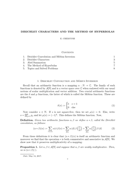 DIRICHLET CHARACTERS and the METHOD of HYPERBOLAS Contents 1. Dirichlet Convolution and Möbius Inversion 1 2. Dirichlet Charact