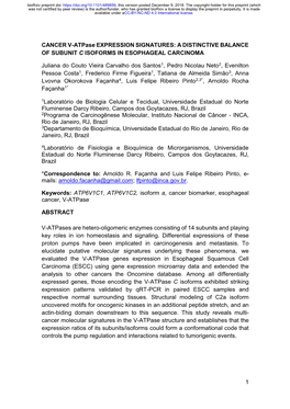 CANCER V-Atpase EXPRESSION SIGNATURES: a DISTINCTIVE BALANCE of SUBUNIT C ISOFORMS in ESOPHAGEAL CARCINOMA