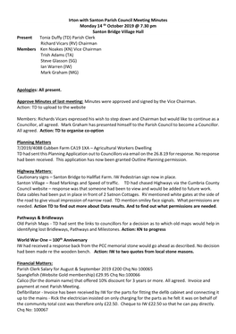 Irton with Santon Parish Council Meeting Minutes Monday 14 Th October 2019 @ 7.30 Pm Santon Bridge Village Hall Present Tonia Du