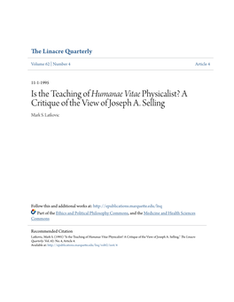 Is the Teaching of Humanae Vitae Physicalist? a Critique of the View of Joseph A. Selling Mark S