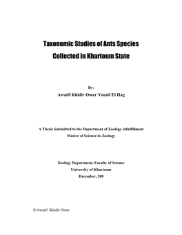 Taxonomic Studies of Ants Species Collected in Khartoum State