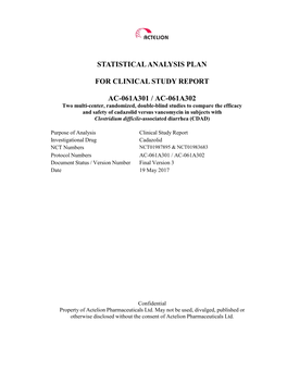 Statistical Analysis Plan for Clinical Study Report Ac-061A301 / Ac