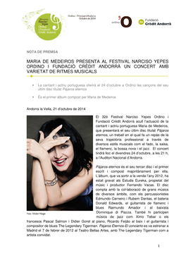 Maria De Medeiros Presenta Al Festival Narciso Yepes Ordino I Fundació Crèdit Andorrà Un Concert Amb Varietat De Ritmes Musicals