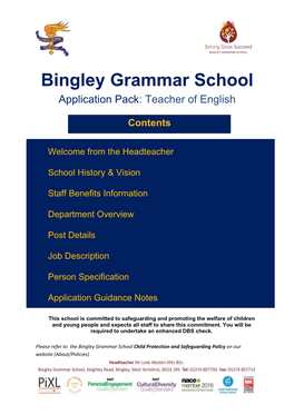 Bingley Grammar School Application Pack: Teacher of English