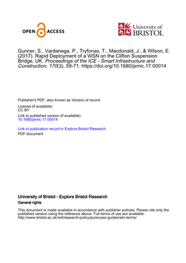 Rapid Deployment of a WSN on the Clifton Suspension Bridge, UK